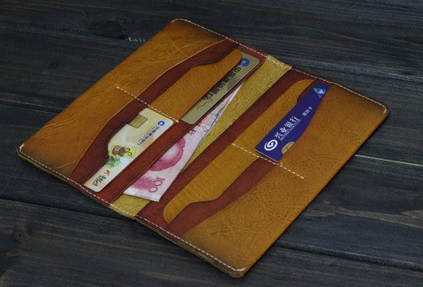 Handmade Men long leather wallet men vintage brown wallets for him