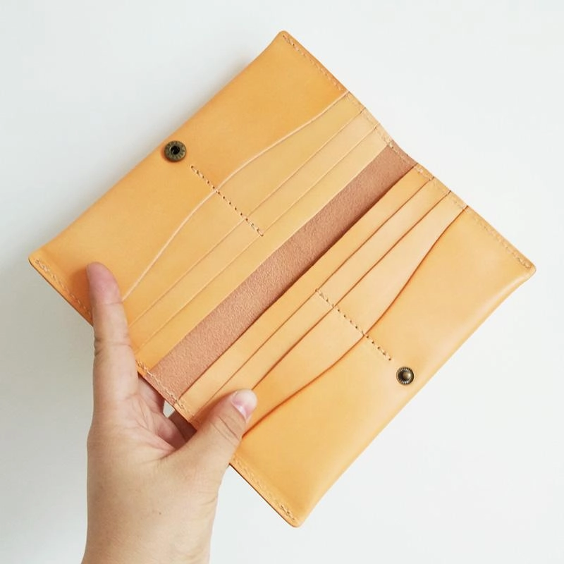 Handmade Mens Leather Brown Long Wallets Wine Red Bifold Long Wallet Clutch for Men