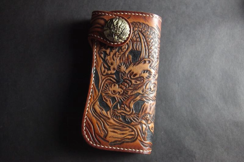 Handmade Skull Tooled Black Leather Mens Long Biker Wallet Biker Chain Wallet For Men