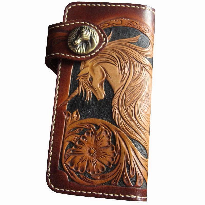 Handmade Skull Tooled Black Leather Mens Long Biker Wallet Biker Chain Wallet For Men