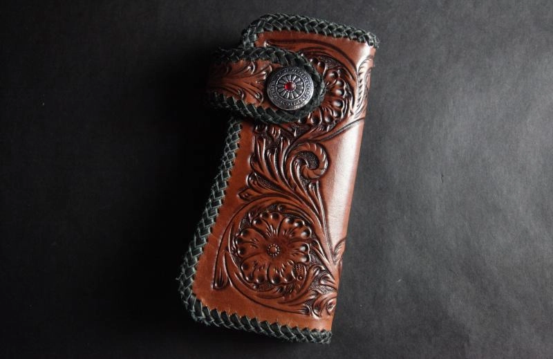 Handmade Skull Tooled Black Leather Mens Long Biker Wallet Biker Chain Wallet For Men