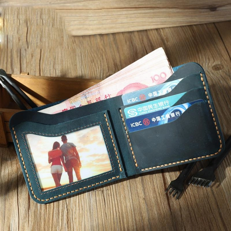 Handmade Slim Black Leather Mens Billfold Wallet Personalize Bifold Small Wallets for Men