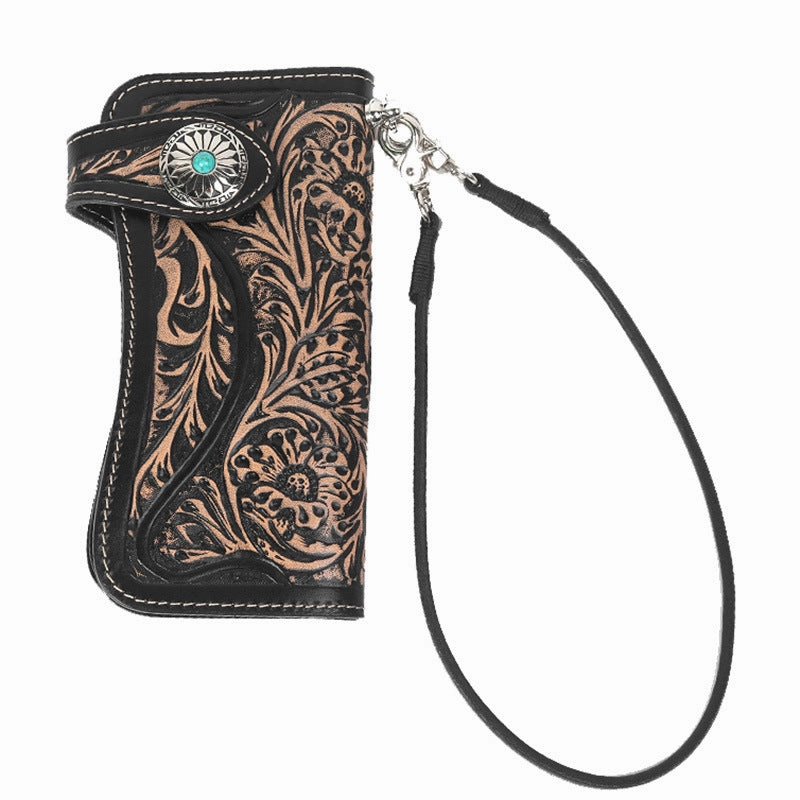 Handmade Tan Tooled Leather Biker Chain Wallet Floral Mens Long Wallet with Chain for Men