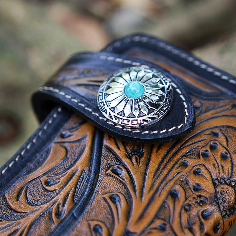 Handmade Tan Tooled Leather Biker Chain Wallet Floral Mens Long Wallet with Chain for Men