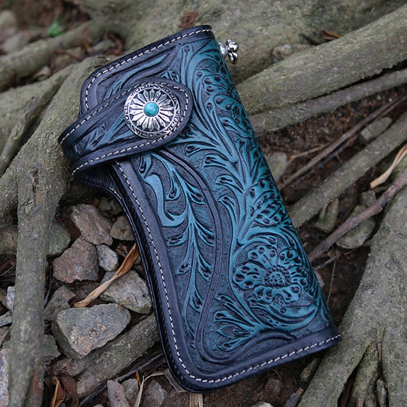 Handmade Tan Tooled Leather Biker Chain Wallet Floral Mens Long Wallet with Chain for Men