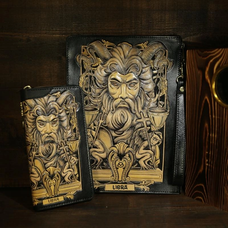Handmade Tooled Leather Biker Wallet Constellation Mens Cool Chain Wallet Trucker Wallet with Chain