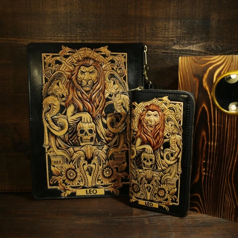 Handmade Tooled Leather Biker Wallet Constellation Mens Cool Chain Wallet Trucker Wallet with Chain