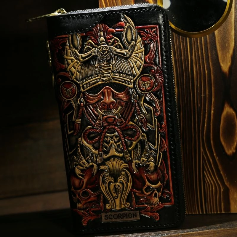 Handmade Tooled Leather Biker Wallet Constellation Mens Cool Chain Wallet Trucker Wallet with Chain