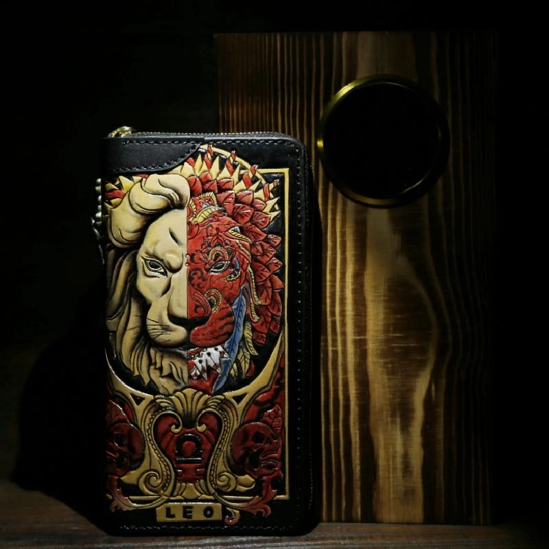 Handmade Tooled Leather Biker Wallet Constellation Mens Cool Chain Wallet Trucker Wallet with Chain