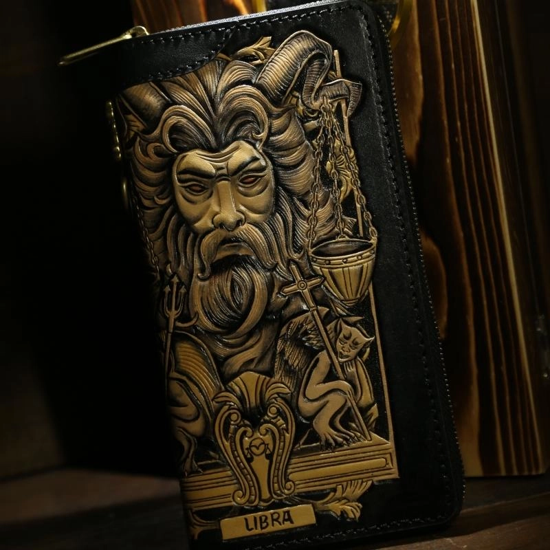 Handmade Tooled Leather Biker Wallet Constellation Mens Cool Chain Wallet Trucker Wallet with Chain