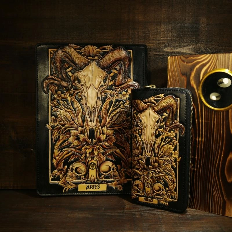 Handmade Tooled Leather Biker Wallet Constellation Mens Cool Chain Wallet Trucker Wallet with Chain