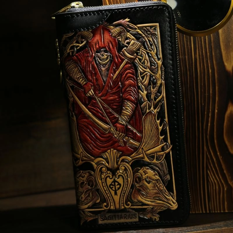 Handmade Tooled Leather Biker Wallet Constellation Mens Cool Chain Wallet Trucker Wallet with Chain