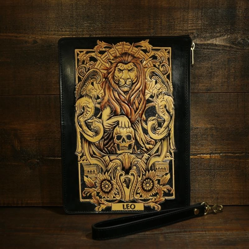 Handmade Tooled Leather Biker Wallet Constellation Mens Cool Chain Wallet Trucker Wallet with Chain
