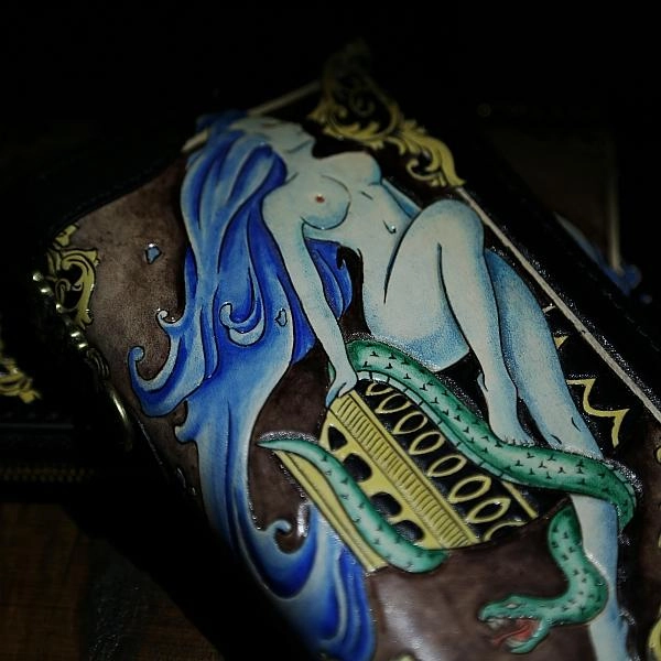 Handmade Tooled Leather Biker Wallet Constellation Mens Cool Chain Wallet Trucker Wallet with Chain