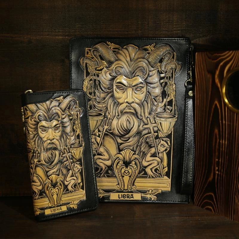 Handmade Tooled Leather Biker Wallet Constellation Mens Cool Chain Wallet Trucker Wallet with Chain