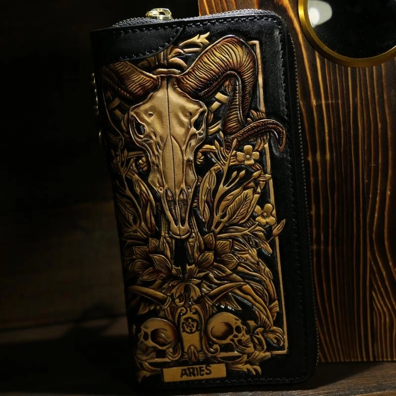 Handmade Tooled Leather Biker Wallet Constellation Mens Cool Chain Wallet Trucker Wallet with Chain