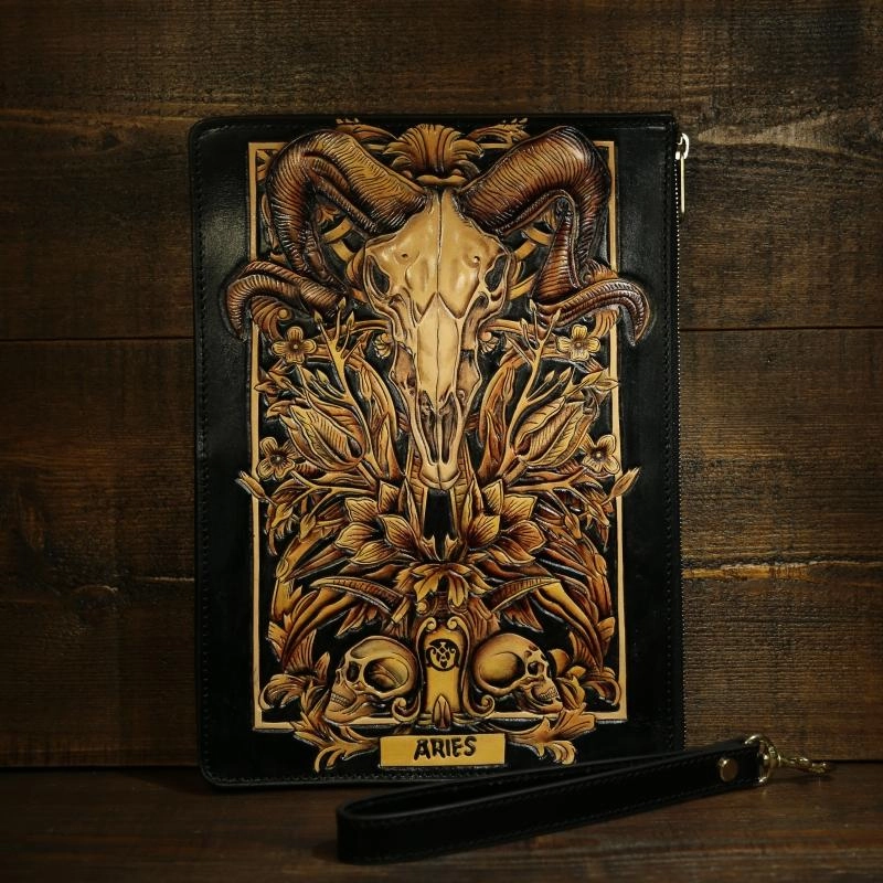 Handmade Tooled Leather Biker Wallet Constellation Mens Cool Chain Wallet Trucker Wallet with Chain