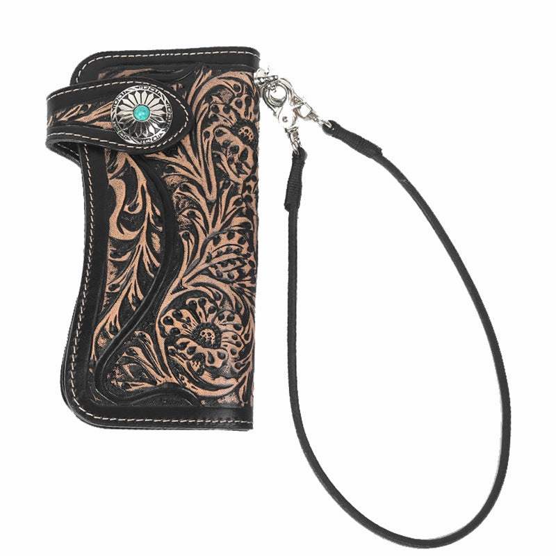 Handmade Tooled Leather Floral Biker Chain Wallet Mens Long Wallet with Chain for Men