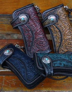 Handmade Tooled Leather Floral Biker Chain Wallet Mens Long Wallet with Chain for Men