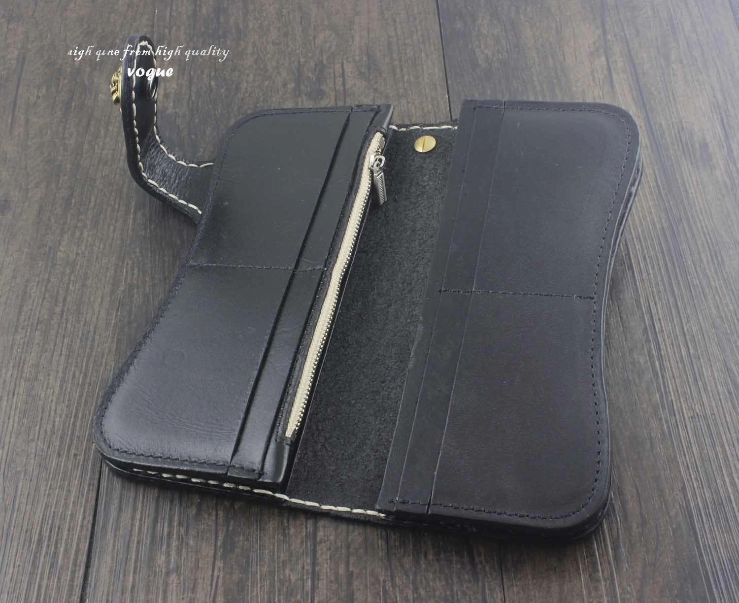 Handmade Tooled Leather Men's Biker Wallet Motorcycle Wallet Long Wallet with Chain For Men
