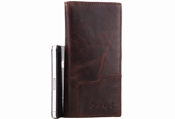 Handmade Vintage Bifold Coffee Men Leather Long wallet clutch purse For Men