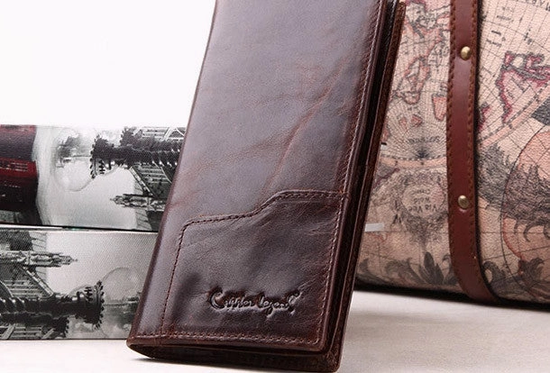 Handmade Vintage Bifold Coffee Men Leather Long wallet clutch purse For Men