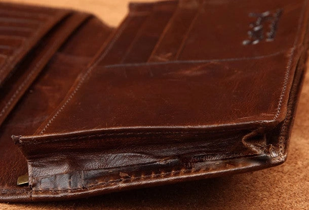 Handmade Vintage Bifold Coffee Men Leather Long wallet clutch purse For Men