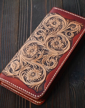Handmade vintage black brown floral leather long wallet purse clutch for men