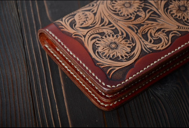Handmade vintage black brown floral leather long wallet purse clutch for men
