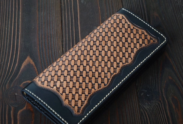 Handmade vintage black brown floral leather long wallet purse clutch for men