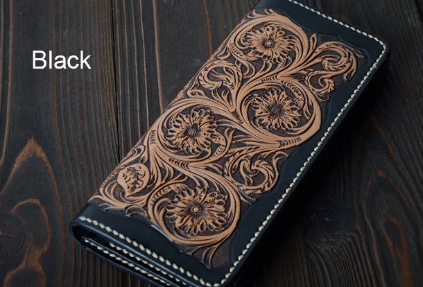 Handmade vintage black brown floral leather long wallet purse clutch for men