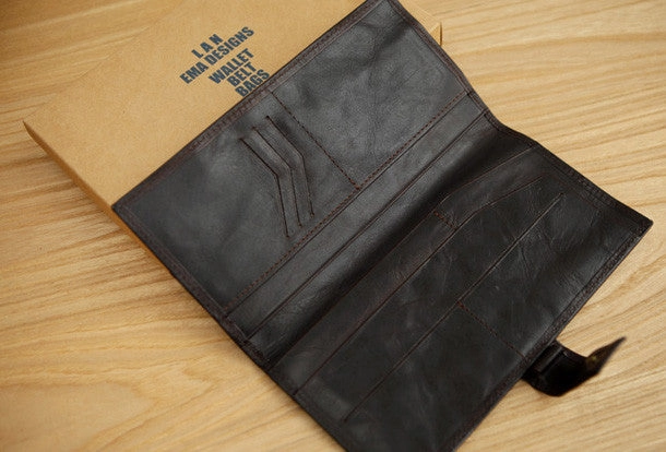 Handmade vintage brown leather clutch bag long wallet multi ID card holders slots for men