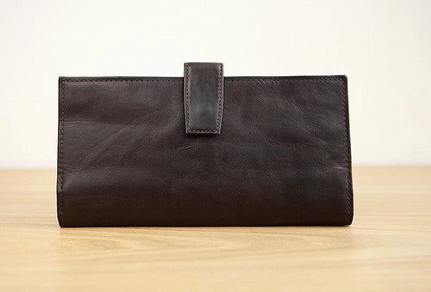 Handmade vintage brown leather clutch bag long wallet multi ID card holders slots for men