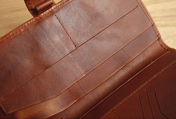 Handmade vintage brown leather clutch bag long wallet multi ID card holders slots for men