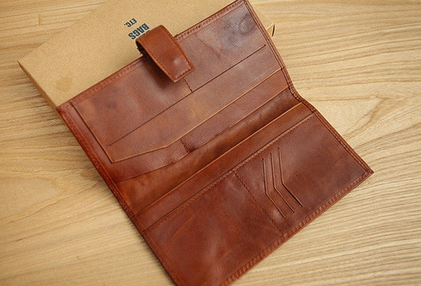 Handmade vintage brown leather clutch bag long wallet multi ID card holders slots for men