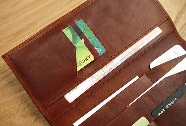 Handmade vintage brown leather clutch bag long wallet multi ID card holders slots for men