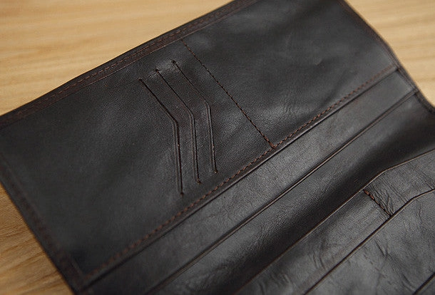 Handmade vintage brown leather clutch bag long wallet multi ID card holders slots for men