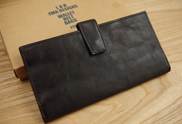 Handmade vintage brown leather clutch bag long wallet multi ID card holders slots for men