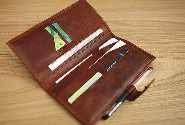 Handmade vintage brown leather clutch bag long wallet multi ID card holders slots for men