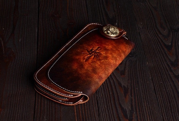 Handmade vintage dark brown leather biker wallet bifold long wallet purse clutch for men