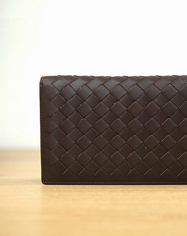Handmade vintage knit leather clutch bag long wallet ID card holders slots for men