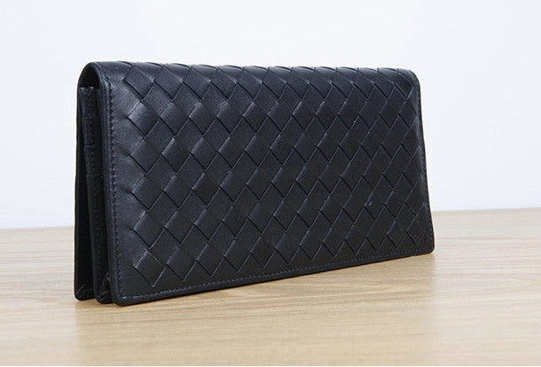 Handmade vintage knit leather clutch bag long wallet ID card holders slots for men