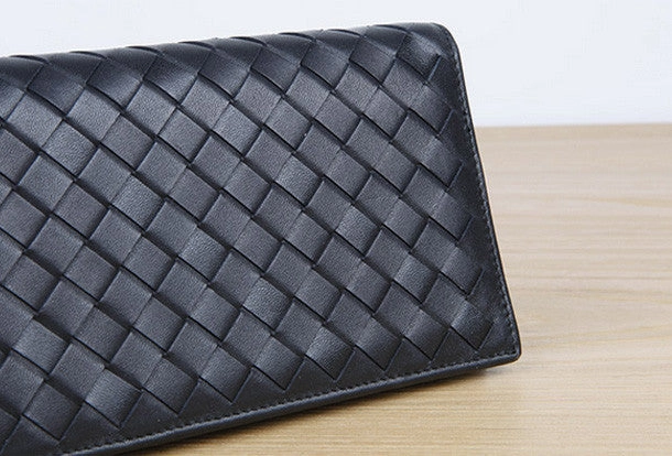 Handmade vintage knit leather clutch bag long wallet ID card holders slots for men