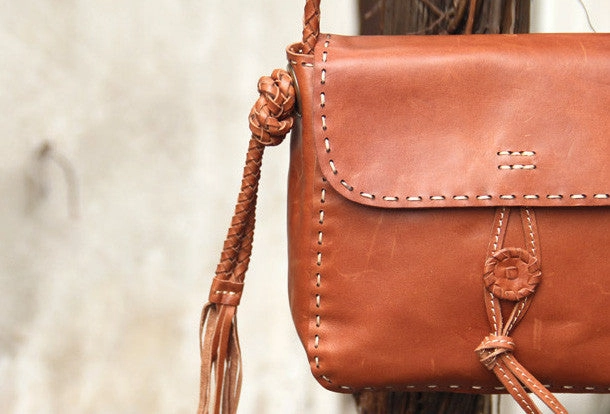 Handmade vintage rustic brown leather crossbody Shoulder Bag for women girl