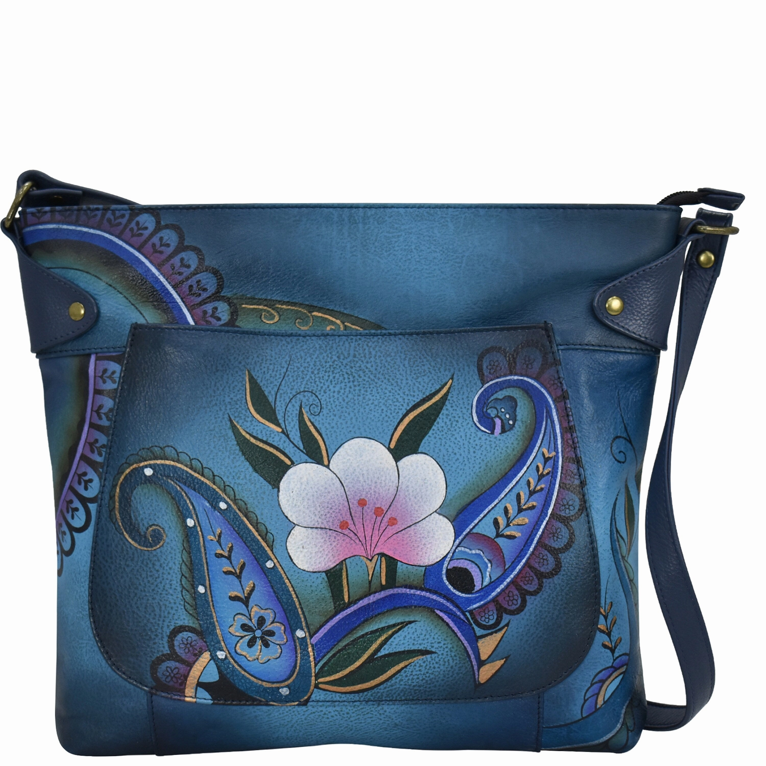 Handpainted Leather Convertible Tote - Denim Paisley Floral