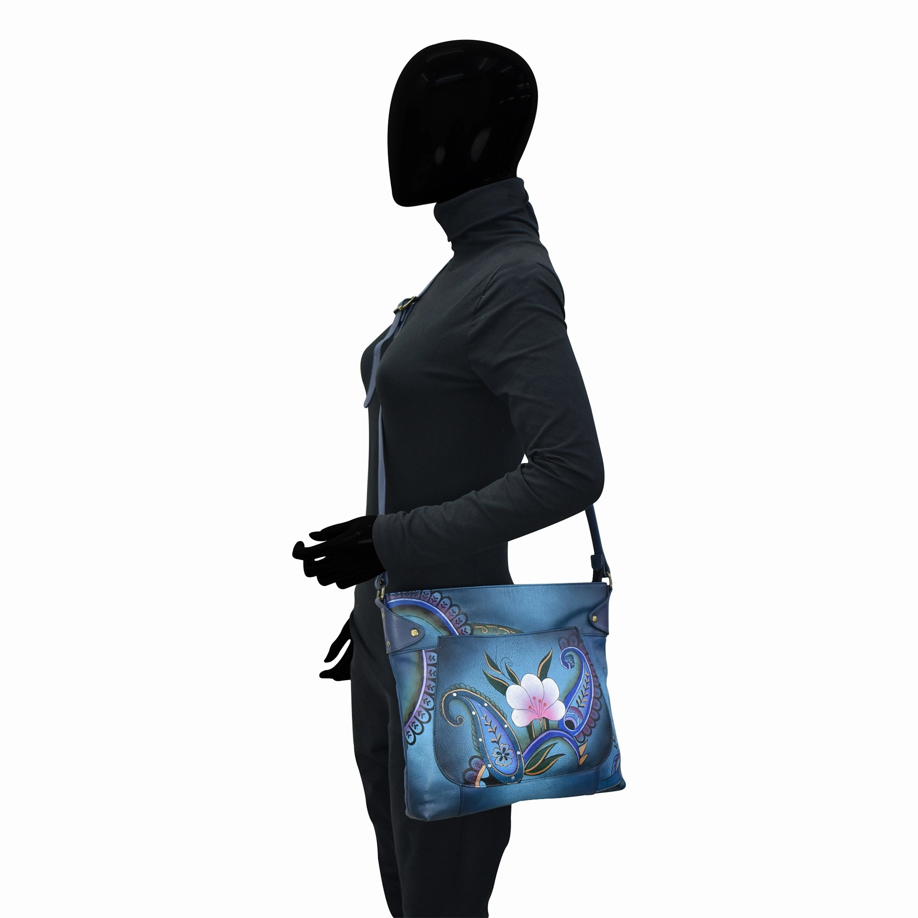 Handpainted Leather Convertible Tote - Denim Paisley Floral