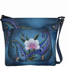 Handpainted Leather Convertible Tote - Denim Paisley Floral