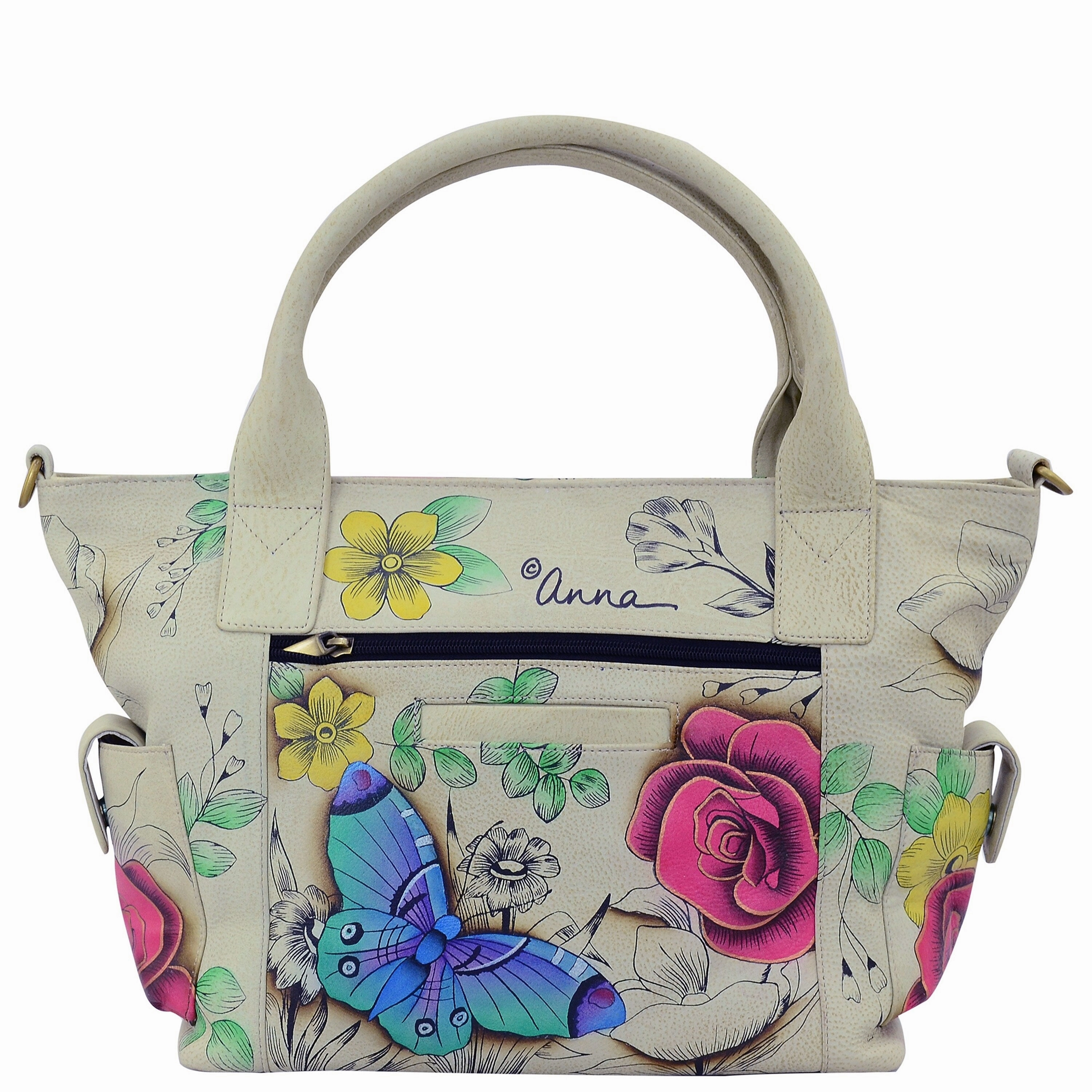 Handpainted Leather Large Tote With Side Pocket - Floral Paradise
