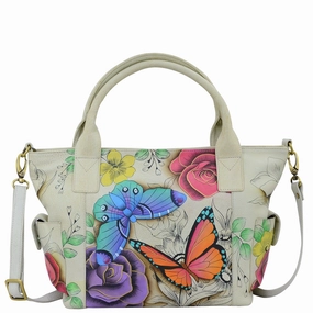Handpainted Leather Large Tote With Side Pocket - Floral Paradise