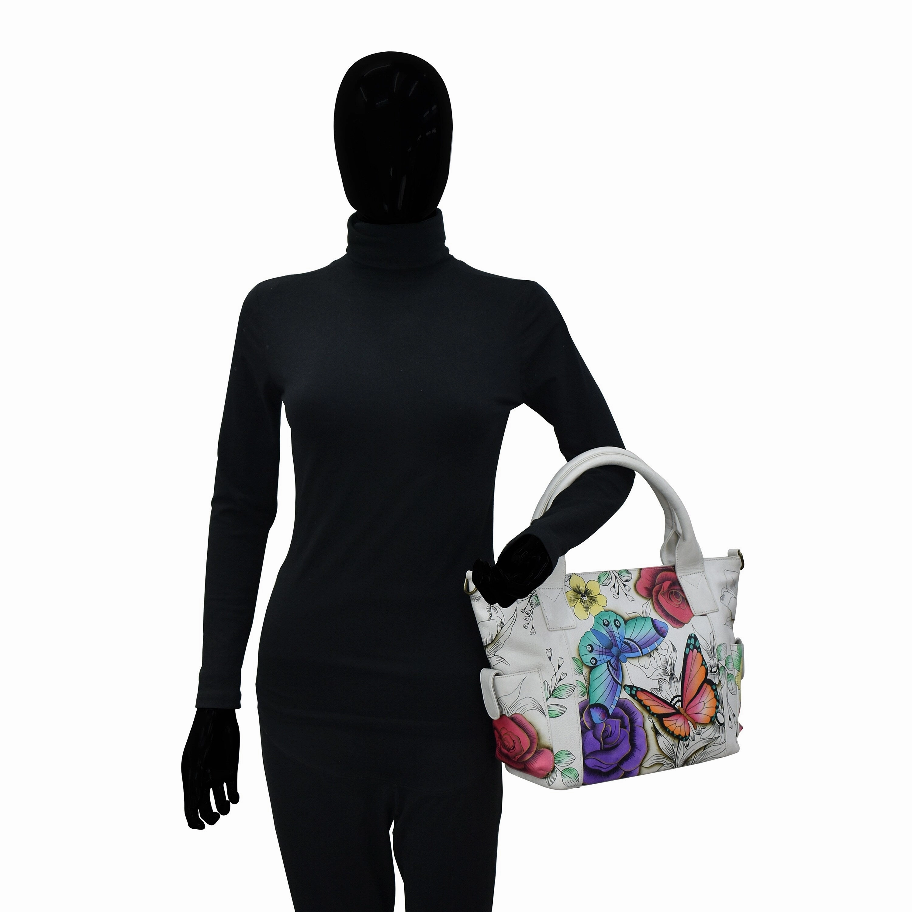 Handpainted Leather Large Tote With Side Pocket - Floral Paradise